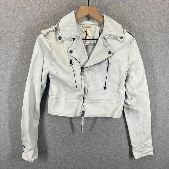 Jackets & Blazers - JKT NYC Womens S Real Leather Cropped Moto Jacket White Long Sleeve EUC